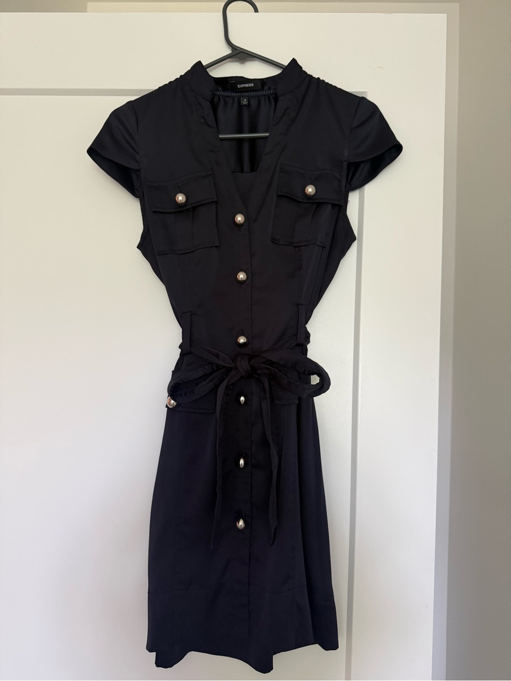 Express Navy Blue Midi Shirt Dress with Pearl Buttons and Tie Waist